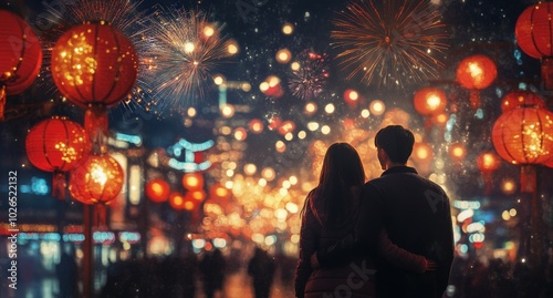 Couple enjoying a festive night under lanterns and fireworks in a vibrant cit...