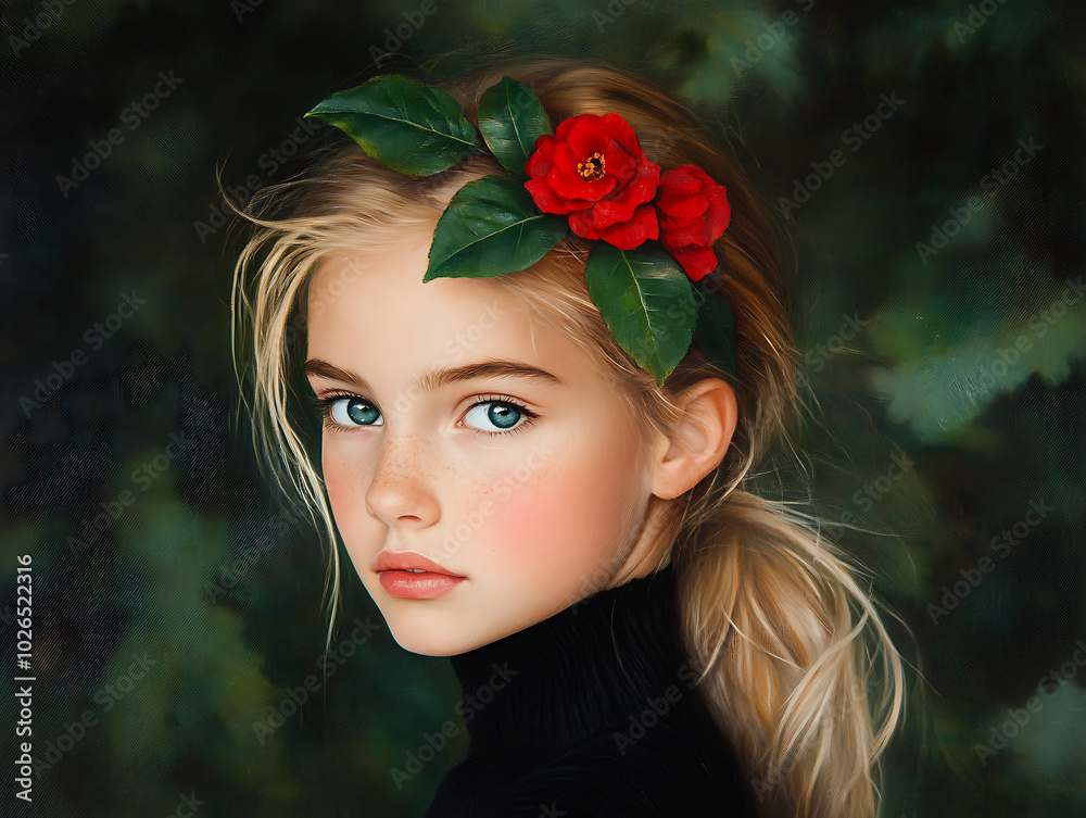 Portrait of a girl with a wreath of flowers . Portrait of a girl with a wreath of flowers .