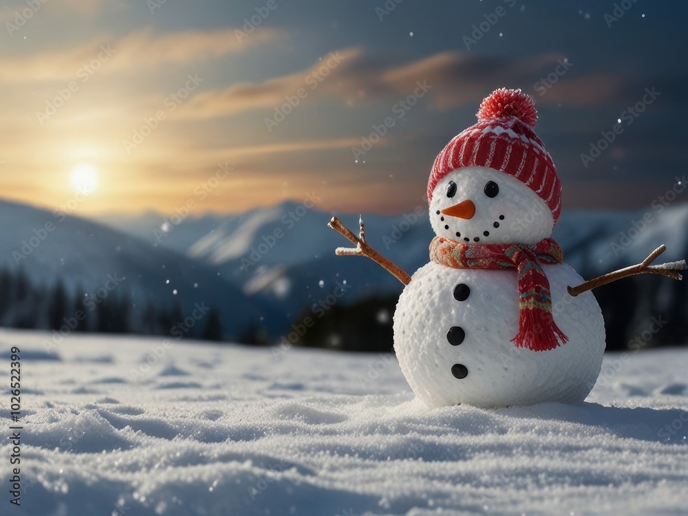 Fototapeta premium Snowman in the winter forest. Panoramic view of happy snowman in winter secenery with copy space.