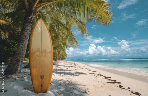 A serene beach scene featuring a surfboard leaning against a tree on a sunny day photo