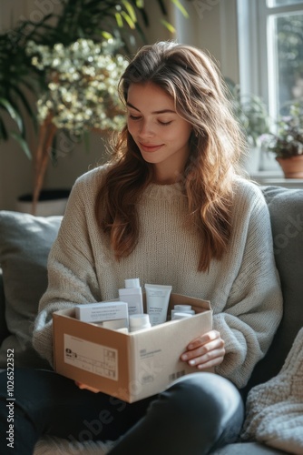 A woman unboxing skincare products while relaxing on a cozy couch in soft nat...