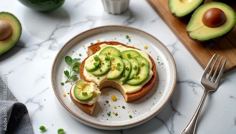 Top view of bitten delicious toast with hummus and avocado served on marble table in kitchen Top view of bitten delicious toast with hummus and avocado served on marble table in kitchen