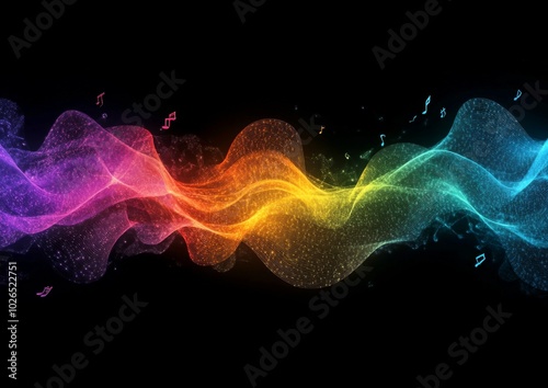Vibrant sound waves with musical notes illuminating a dark background in a co...