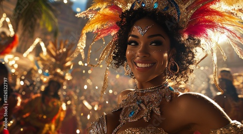 A joyful dancer in a vibrant costume at a colorful carnival celebration in th...