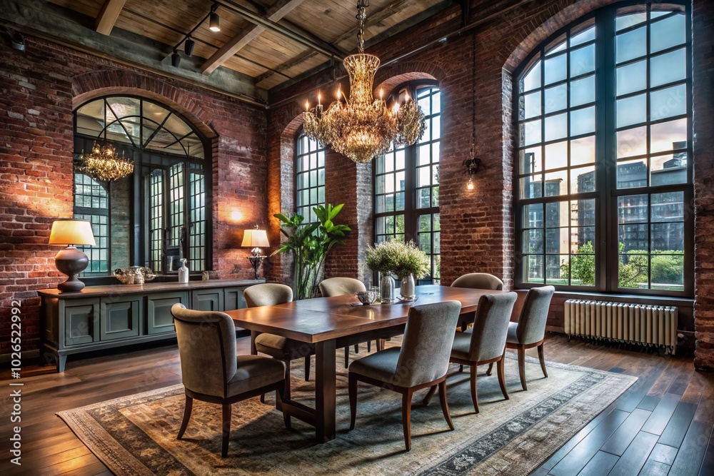 An urban exploration dining room featuring an elegant table, exquisite chairs, and a stunning chandelier creates a stylish and inviting atmosphere An urban exploration dining room featuring an elegant table, exquisite chairs, and a stunning chandelier creates a stylish and inviting atmosphere