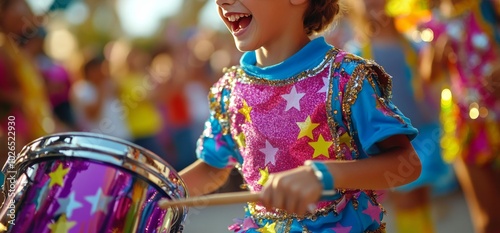 Excited child playing colorful drum during vibrant outdoor festival in sunny ...