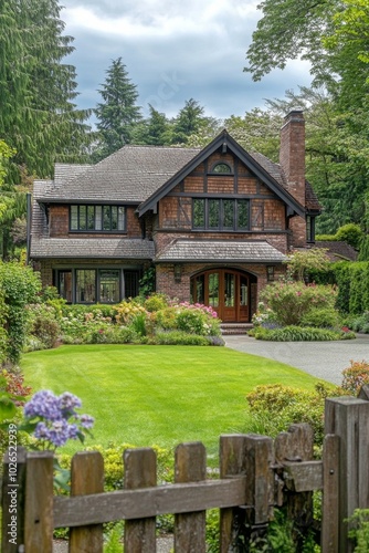 Charming wooden house surrounded by lush greenery and vibrant flowers on a tr...