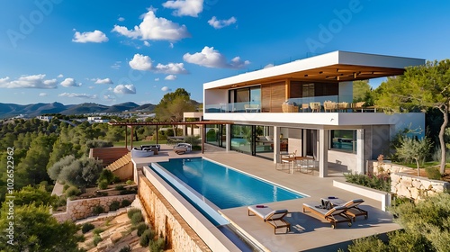 A modern villa with a pool, surrounded by nature and mountains, showcasing luxury outdoor living.