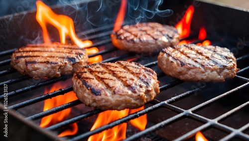 Meat roasted on metal barbecue BBQ grill with bright flaming fire and ember charcoal. Ai Generative.