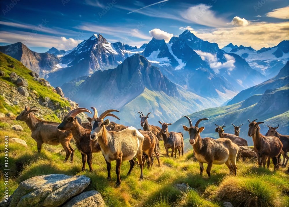 A picturesque scene of wild goats roaming amidst rolling hills, captured with a tilt-shift effect that enhances the beauty, perfect for nature A picturesque scene of wild goats roaming amidst rolling hills, captured with a tilt-shift effect that enhances the beauty, perfect for nature