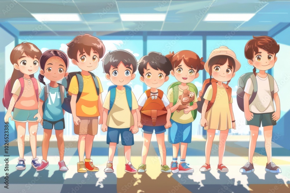 Group of children with backpacks in school corridor. Cartoon vector illustration. Group of children with backpacks in school corridor. Cartoon vector illustration.