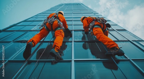 Two workers in orange suits cleaning the windows of a tall office building on...
