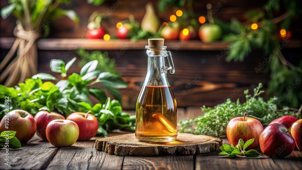 Apple Cider Vinegar in a Rustic Setting - Selective Focus for Health and Wellness Imagery Apple Cider Vinegar in a Rustic Setting - Selective Focus for Health and Wellness Imagery