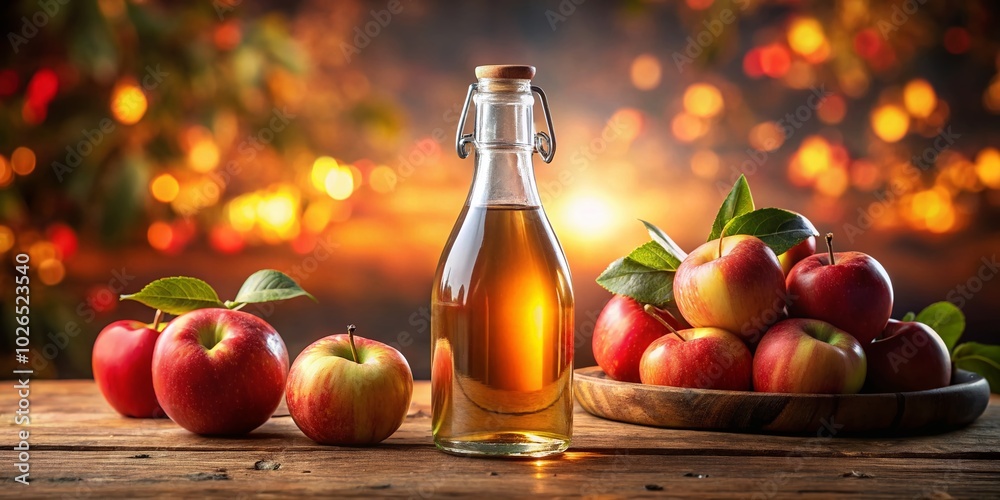 Naklejka premium Apple Cider Vinegar in Glass Bottle with Fresh Red Apples - Health Benefits and Natural Ingredients
