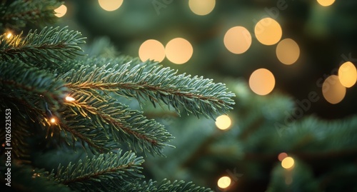 Soft green pine tree branches illuminated by warm lights during the holiday season