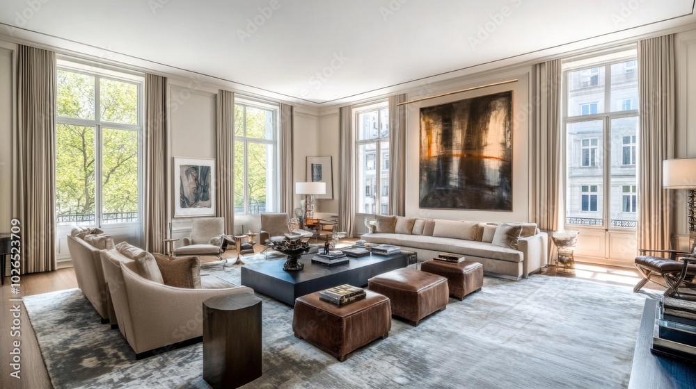 Modern Elegant Living Room with Large Windows Modern Elegant Living Room with Large Windows