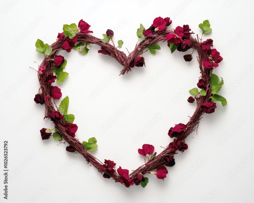 Heart-shaped floral arrangement with red roses and greens. Heart-shaped floral arrangement with red roses and greens.
