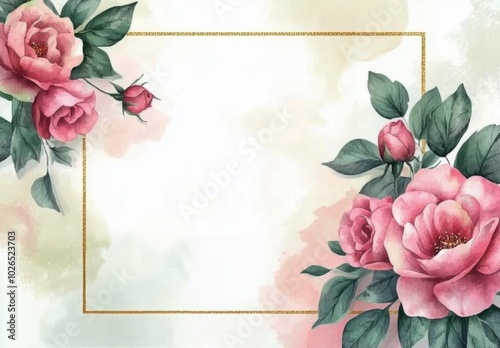 Delicate pink roses with lush green leaves on a soft, textured background in ...