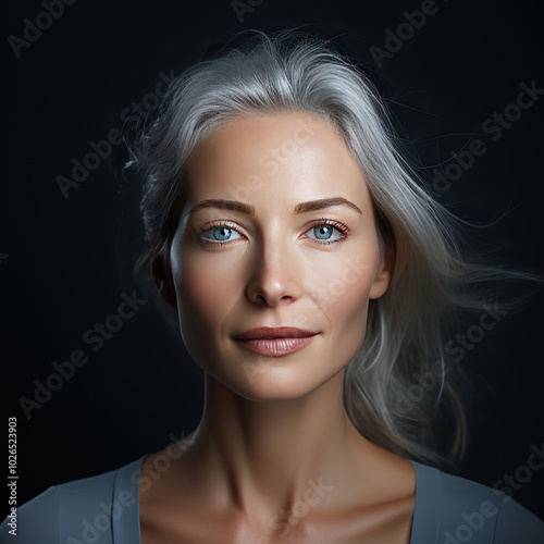 generated illustration of beautiful 50s mid aged mature woman isolated on black background. skin care beauty.