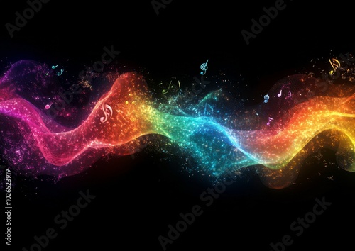 Vibrant sound waves with musical notes illuminating a dark background in a co...