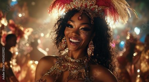 A joyful dancer in a vibrant costume at a colorful carnival celebration in th...