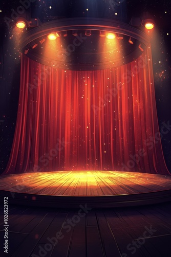 Illuminated stage with red curtains and spotlight in a theatrical setting at ...