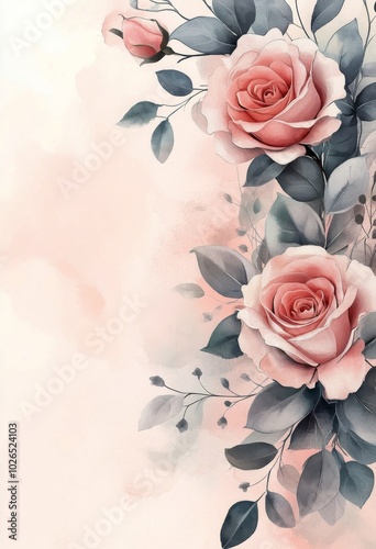 Delicate pink roses intertwined with lush green leaves on a soft, pastel back...