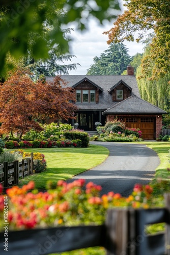 Charming wooden house surrounded by lush greenery and vibrant flowers on a tr...