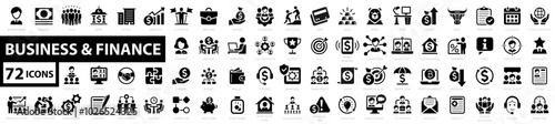 Set of 72 Business and Finance icons. Money, businessman, team, office, bank, contact, infographic, with money, bank, check, law, auction, exchance, payment, wallet, deposit, piggy, calculator and mor