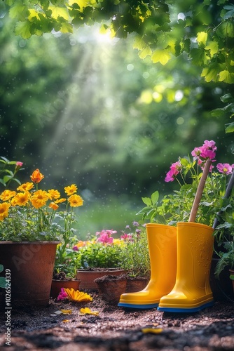 A vibrant garden path with yellow boots among blooming flowers in a sunlit ev...