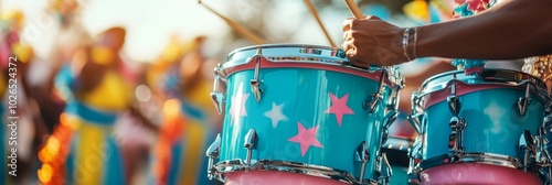 Vibrant drum set at a lively parade with performers in colorful costumes on a...
