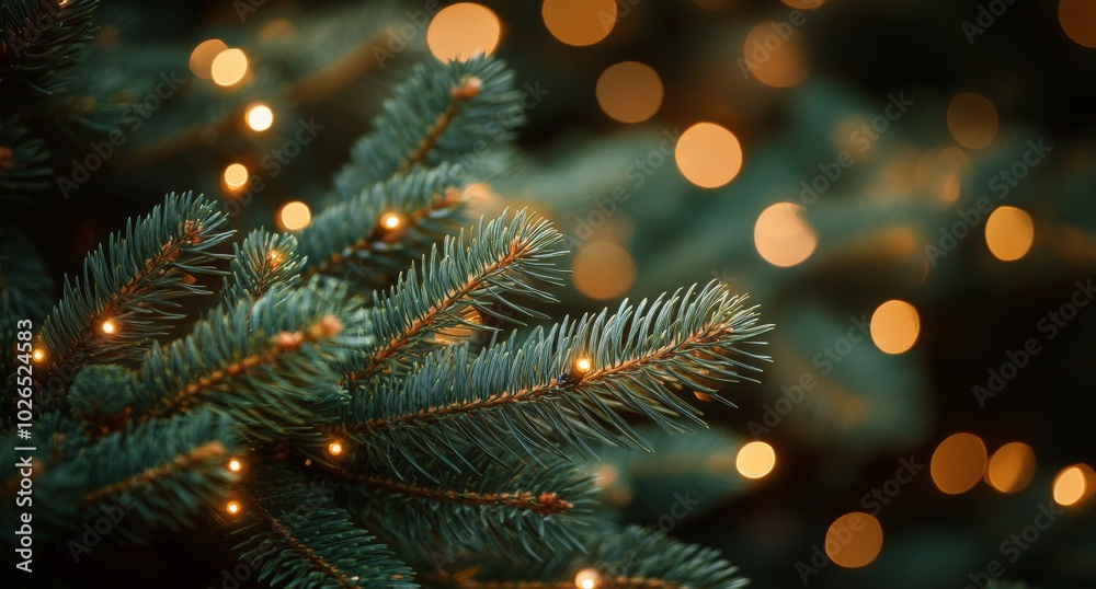 Soft green pine tree branches illuminated by warm lights during the holiday season Soft green pine tree branches illuminated by warm lights during the holiday season