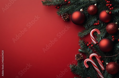Festive Christmas decorations with red ornaments and greenery on a bright red...