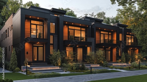 Modern townhouse complex surrounded by lush greenery in a peaceful neighborho...