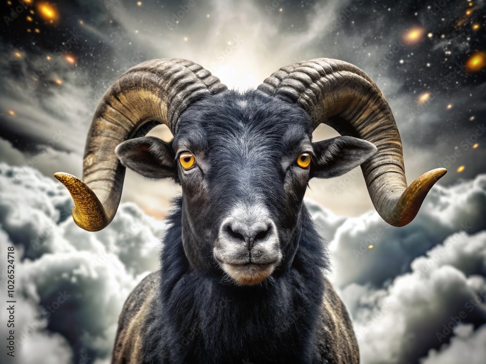 Aries Horoscope Sign with Black Ram and Glowing Eyes in Starry Night Sky Aries Horoscope Sign with Black Ram and Glowing Eyes in Starry Night Sky