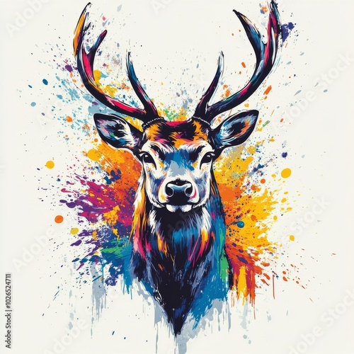 A colorful deer head portrait surrounded by vibrant splashes of paint on a li...