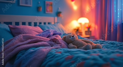 A young girl peacefully sleeps in her cozy bedroom with a teddy bear by her side