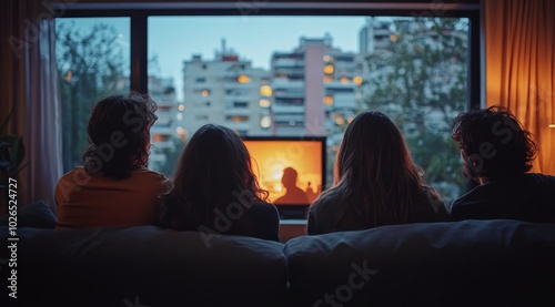 Friends enjoying a cozy movie night indoors while city lights twinkle outside...