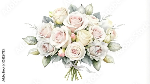 Romantic watercolor bouquet of blush and white roses with ribbon. Concept of wedding floristry, romantic art