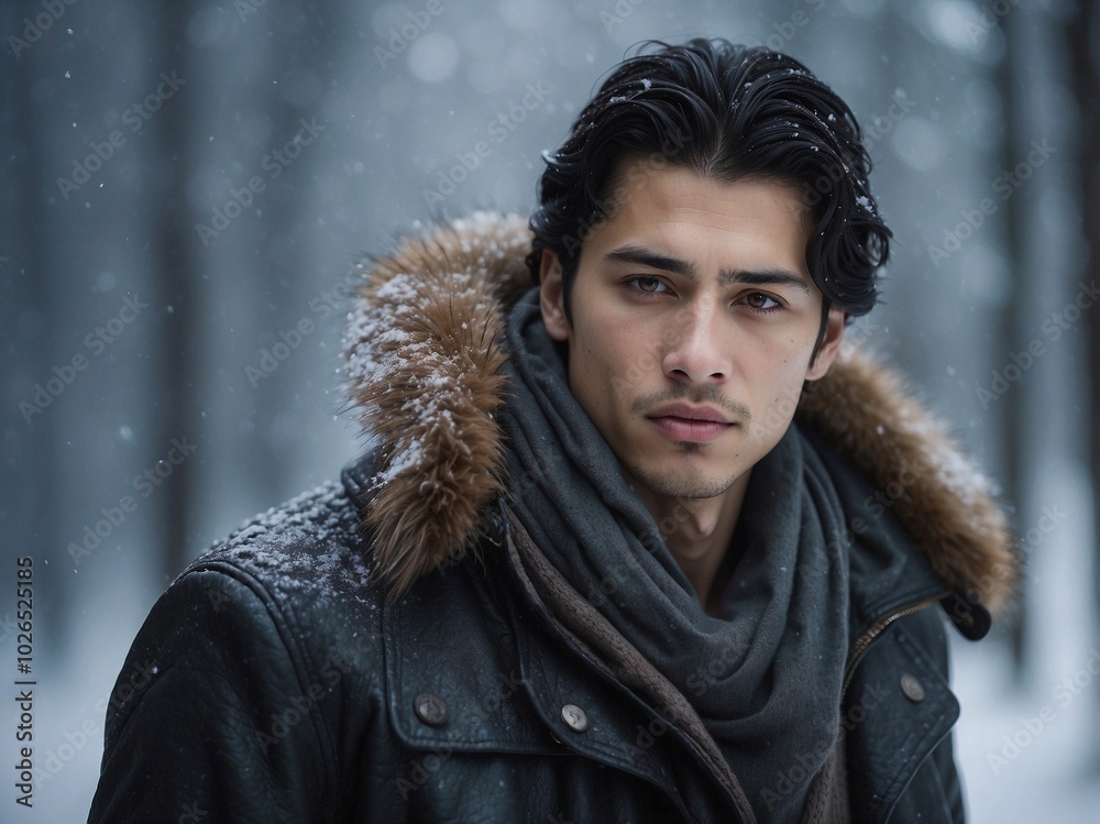 Man in Fur-Trimmed Jacket and Scarf in Snowy Forest Man in Fur-Trimmed Jacket and Scarf in Snowy Forest