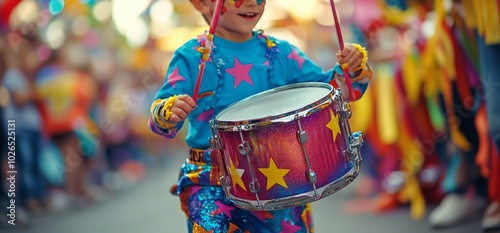 Excited child playing colorful drum during vibrant outdoor festival in sunny ...