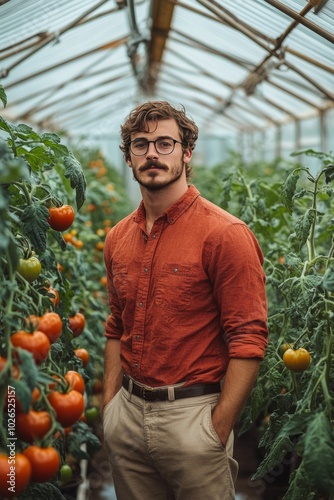 A farmer tending to fresh tomatoes in a greenhouse on a sunny afternoon