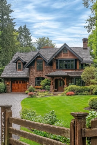 Charming wooden house surrounded by lush greenery and vibrant flowers on a tr...