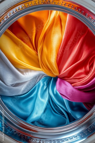 Soft, colorful fabrics swirling in a washing machine during a laundry cycle a...