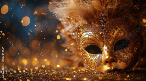 Elegant golden masquerade mask with sparkling decorations shining in soft light