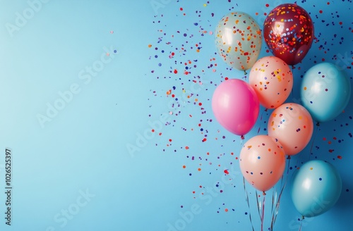 Colorful balloons and confetti create a festive atmosphere against a light bl...
