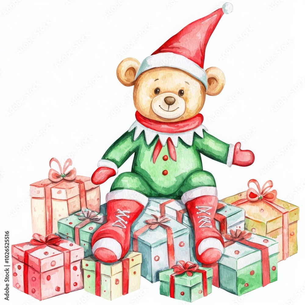 Adorable teddy bear dressed as an elf sits among colorful holiday gifts. This cheerful and playful design is perfect for seasonal decorations and children's themes. Adorable teddy bear dressed as an elf sits among colorful holiday gifts. This cheerful and playful design is perfect for seasonal decorations and children's themes.