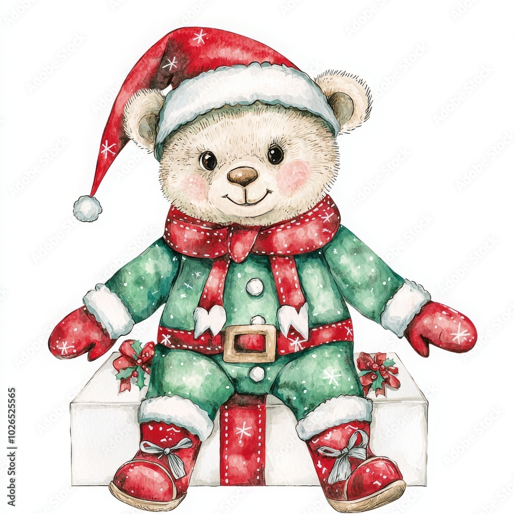 Adorable teddy bear dressed in a festive elf costume, perfect for Christmas celebrations. This colorful illustration captures the spirit of holiday cheer and joy. Adorable teddy bear dressed in a festive elf costume, perfect for Christmas celebrations. This colorful illustration captures the spirit of holiday cheer and joy.