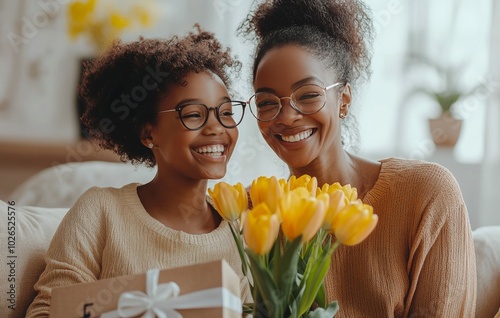 A joyful grandmother and granddaughter celebrate together with flowers and a ...