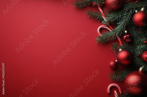 Festive Christmas decorations with red ornaments and greenery on a bright red...